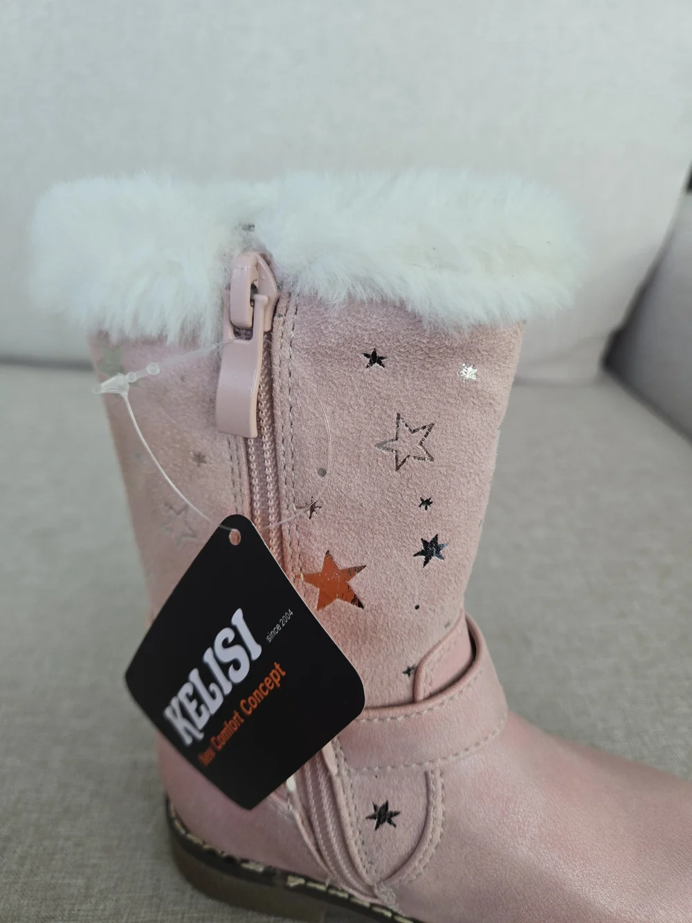 Kids Pink Faux-Fur Star Embossed Boots